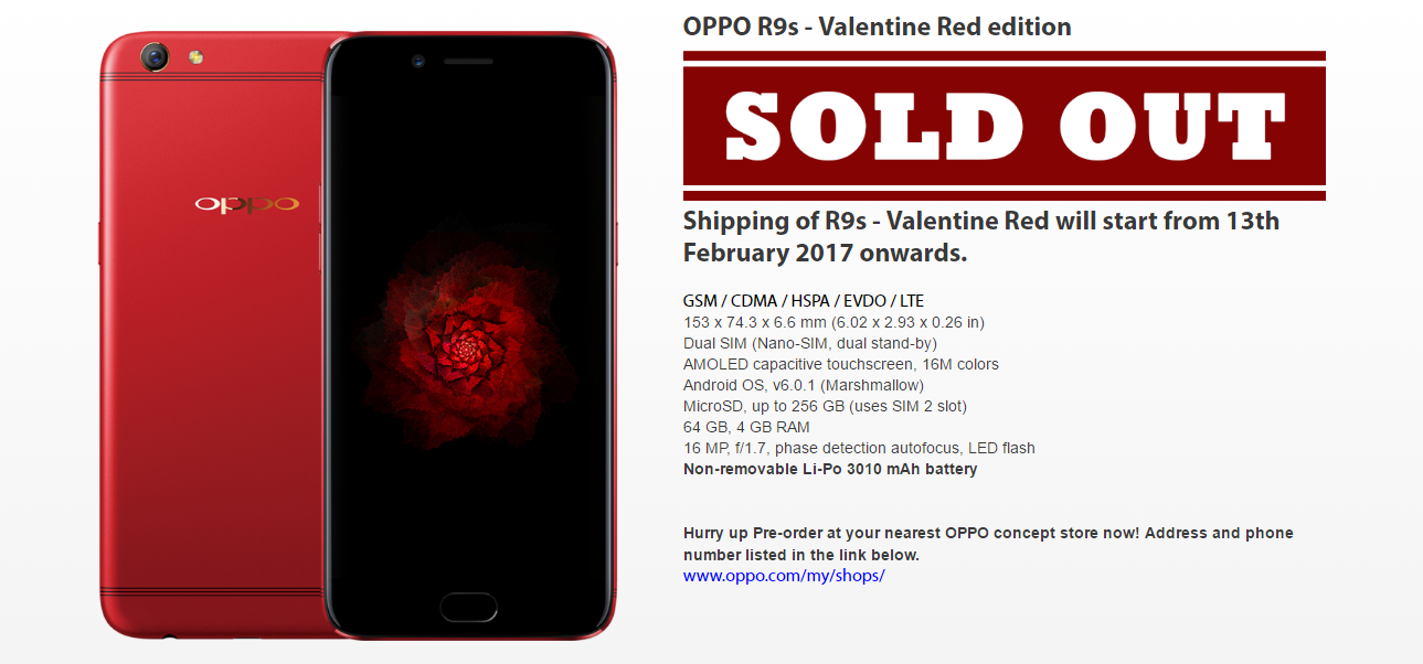 OPPO R9s Valentine Red Edition Sold Out Online